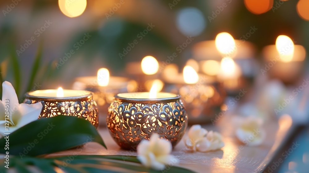 Poster elegantly arranged decorative candles glowing softly surrounded by flowers creating a warm and invit