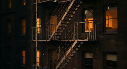 Obraz premium Building Exterior with Fire Escape and Warm Light Coming From Windows