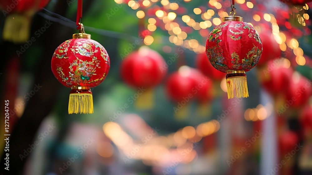 Poster colorful traditional lanterns hanging in festive atmosphere with twinkling lights in the background 