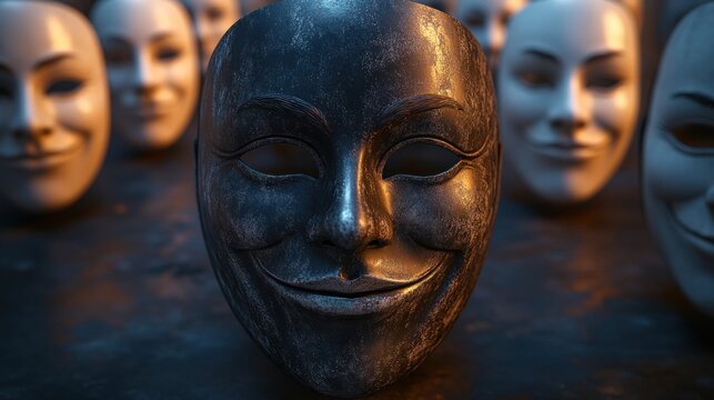 Dark metallic mask among smiles, concept art