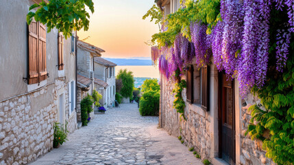 Fototapeta premium Charming cobblestone street adorned with vibrant purple wisteria at sunset