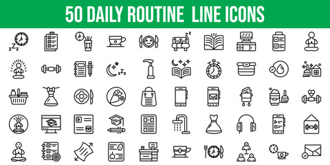Set of 50 Outline Icons Related to Daily Routine. Line Icon Collection. Editable stroke. Vector illustration