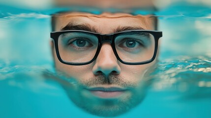 Naklejka premium Myopia prevention with a man wearing glasses swimming in a pool. Fitness, water activity, and eye health