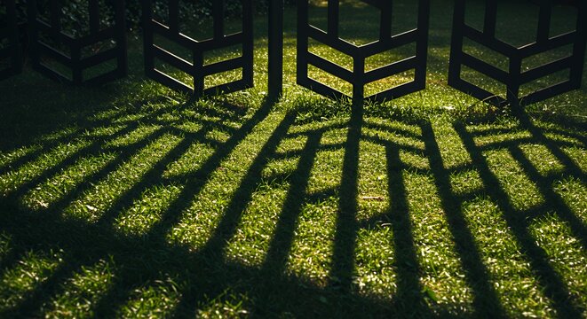 Fence Shadow Pattern on Green Grass Creates Interesting Visual Texture