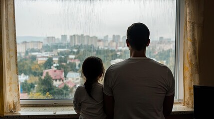 Acid rain climate change concept. A father and child enjoying a quiet moment together by the window, overlooking the city.