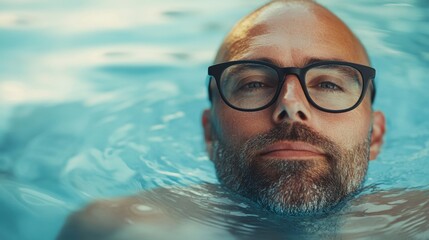 Fototapeta premium Myopia prevention with a man wearing glasses swimming in a pool. Outdoor fitness, wellness, and eye health