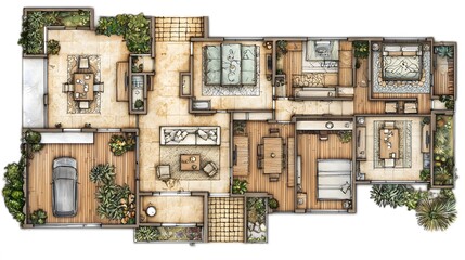Modern house floor plan design beautiful garden architectural blueprint spacious layout top view contemporary style