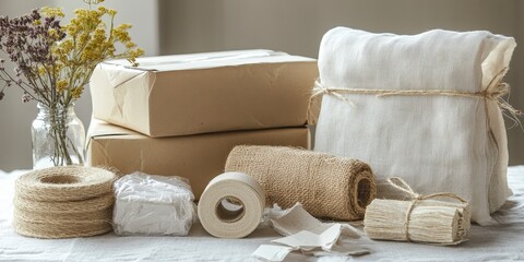 Rustic Craft Supplies and Natural Packaging Materials on Table