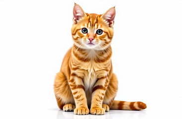 Red cat on a white background. The animal looks at the camera.