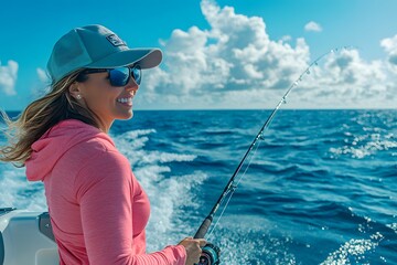 A photo of an attractive, athletic woman in her late thirties wearing sunglasses and a hat, fishing from the back deck of a sport fishing cabin cruiser