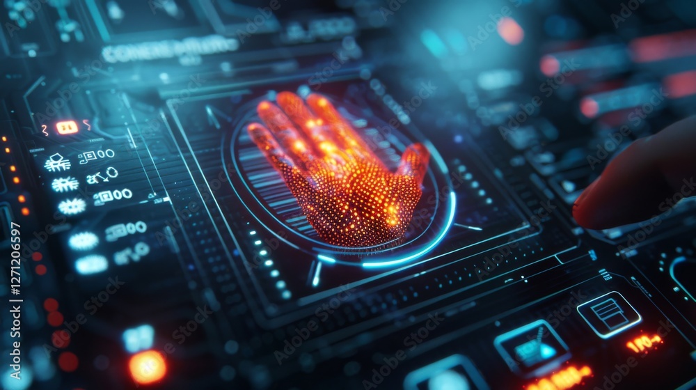 Aufkleber A hand is placed on a glowing digital interface showcasing advanced biometric authentication technology in a modern workspace. Bright lights illuminate the intricate design.