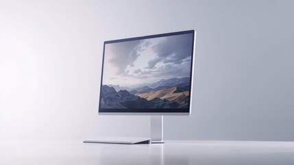 Fototapeta premium Sleek Modern Desktop Computer with Mountain Landscape Display