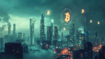 cityscape with digital currency symbols