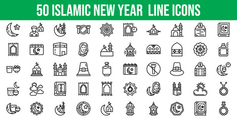 Set of 50 Outline Icons Related to Islamic New Year. Line Icon Collection. Editable stroke. Vector illustration