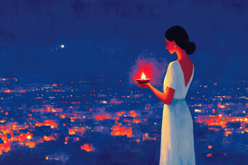  Diwali celebration, young indian woman holding a traditional diya lamp on vibrant blue cityscape background. mystical atmosphere that represents the spiritual nature of the Festival of Lights.