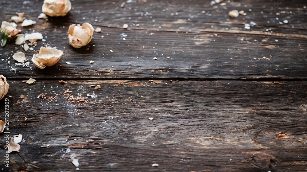 Poster Wooden Table with Flaked Paint and Scattered Popcorn Kernels After Movie Snack : Generative AI