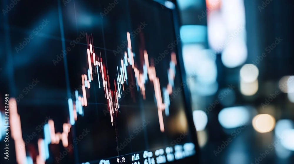 Poster Close up view of a digital stock market graph displaying financial data trends with bright colored bars on a blurred urban background : Generative AI