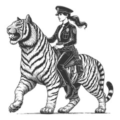 Fototapeta premium fierce female police officer in uniform riding a massive, roaring tiger, blending fantasy and authority sketch engraving generative ai vector illustration. Scratch board. Black and white image.