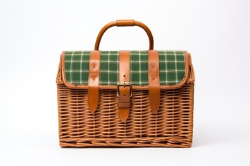 Vacant picnic basket made of wicker on a white surface