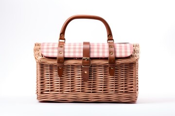 Vacant picnic basket made of wicker on a white surface