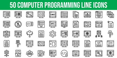 Set of 50 Outline Icons Related to Computer Programming. Line Icon Collection. Editable stroke. Vector illustration