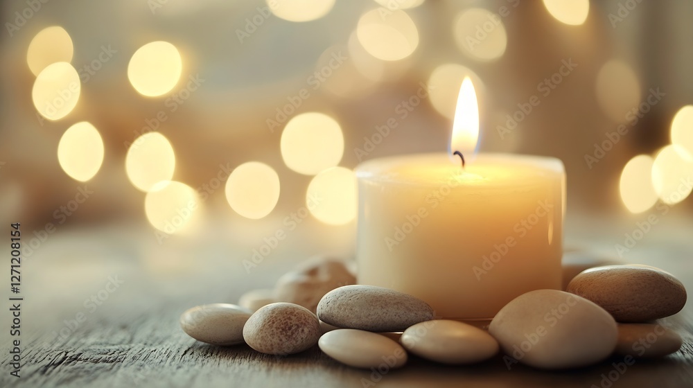 Fototapete relaxing scene of a lit candle surrounded by smooth stones and soft bokeh background : generative ai