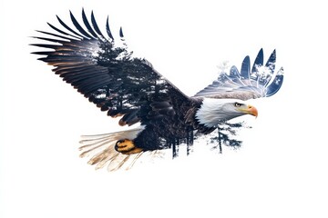 Obraz premium Majestic Bald Eagle Soaring Through the Forest with Graceful Wings