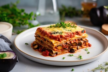 Vegan lasagna with mushrooms sauce herbs on a table