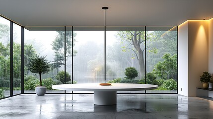 Clean, minimalist design with a white table positioned near a floor-to-ceiling window, rain visible outside, the room bathed in soft, diffused light,  HD 8K ramzan wallpaper Photographic Image