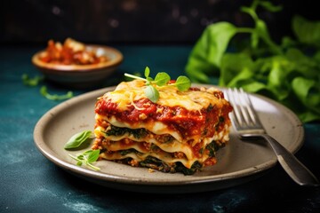 Vegetarian lasagna made from scratch served with tomatoes and spinach on a concrete plate