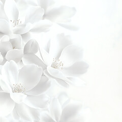 Fototapeta premium Elegant white blossoms cascade from the upper left a symphony of soft petals and delicate stamens against a bright airy background.