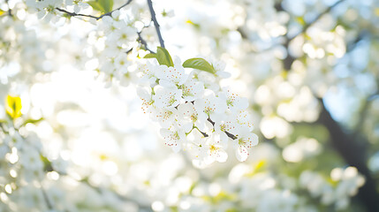 Obraz premium Sunlit white blossoms on a branch surrounded by a soft blurred background of more blossoms.
