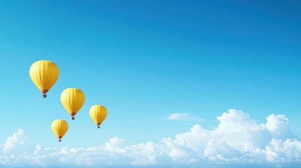 Fototapeta premium Three Yellow Hot Air Balloons Soaring in a Blue Sky with Fluffy White Clouds
