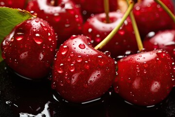 Wet cherry with leaves and drops on a fruit filled background