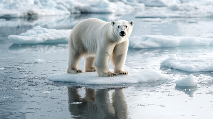 Endangered polar bear stands on melting ice floe highlighting the impact of climate change and rising carbon emissions in the Arctic region
