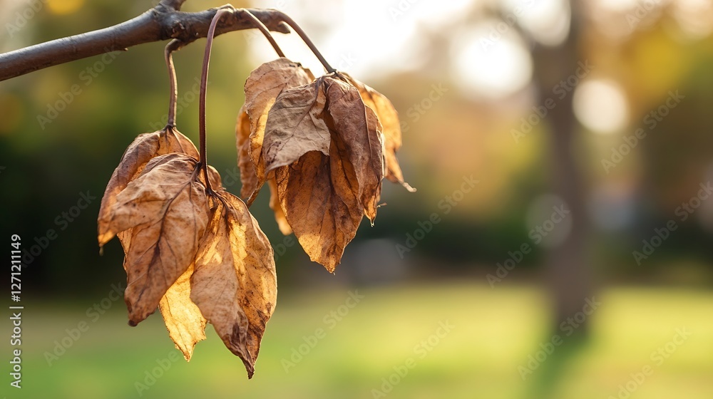 Aufkleber dried autumn leaves hanging from a branch against a soft blurred background in nature : generative a