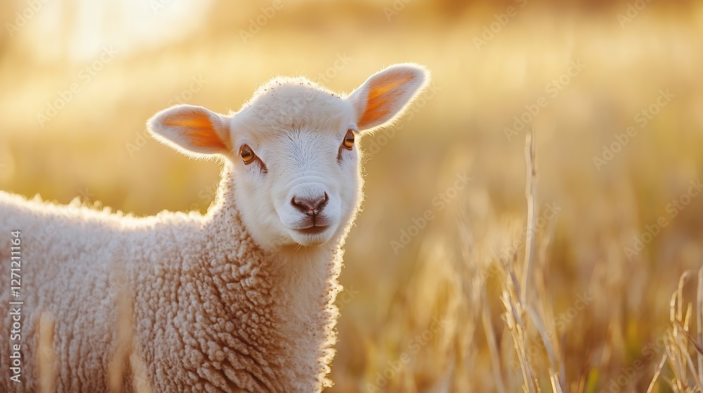 Poster Curious sheep gazing at the camera in a golden field with soft sunlight illuminating its wool : Generative AI