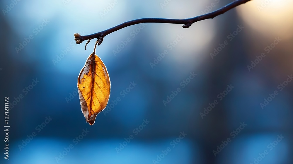 Poster Isolated dried leaf clinging to a branch in a moody backdrop showcasing nature's transition : Generative AI