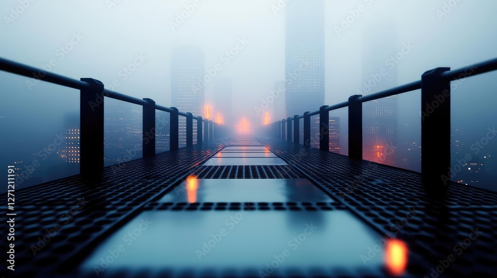 Poster acid rain climate change idea. a foggy cityscape featuring a modern walkway with illuminated railing
