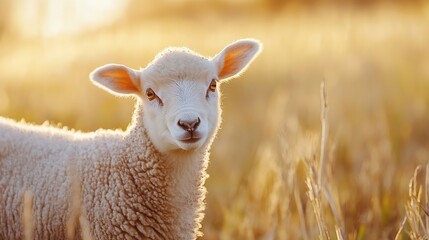 Fototapeta premium Curious sheep gazing at the camera in a golden field with soft sunlight illuminating its wool : Generative AI