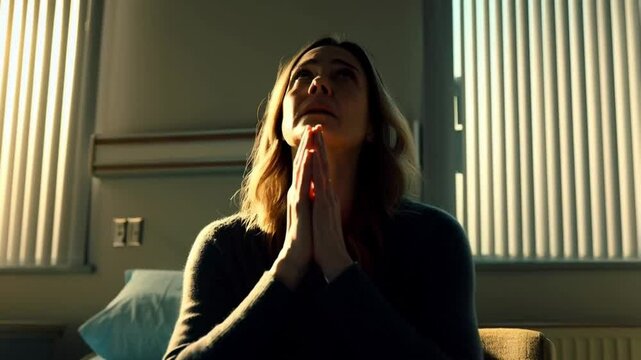 A woman sitting in a hospital bed and praying