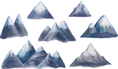 Watercolor set of Vector Illustration of majestic mountains and mountain ranges