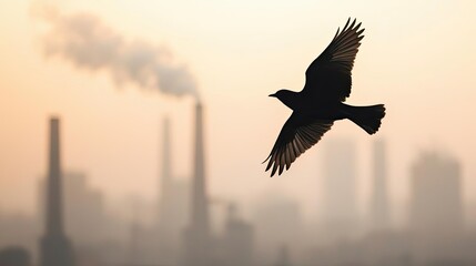 Fototapeta premium Acid rain climate change idea. A bird gracefully flies over a city skyline shrouded in industrial smoke and haze.