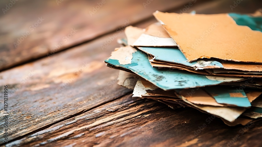 Poster a stack of vintage colored papers on rustic wooden surface for arts and crafts : generative ai