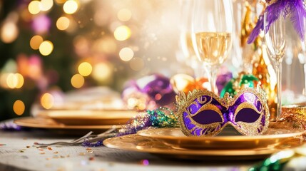 Festive Feast: A close-up shot of an exquisitely adorned table, featuring a glittering mask, champagne, and plates in anticipation of the occasion, with bokeh background.