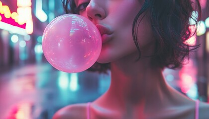 Naklejka premium Woman blows bubble gum, neon city night