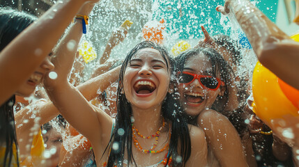 A photo of a group of tourists laughing and taking selfies as locals pour water over their heads as a sign of good fortune during the Songkran Festival in Phuket at midday