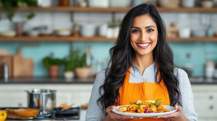 Culinary Delights: A captivating portrait of a woman radiating warmth and skill, proudly presenting a plate of delectable cuisine amidst a professionally styled kitchen.