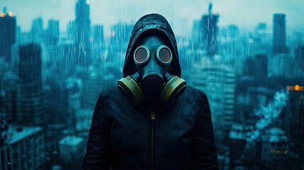 Acid rain climate change concept. A mysterious figure in a gas mask stands against a gloomy urban backdrop.