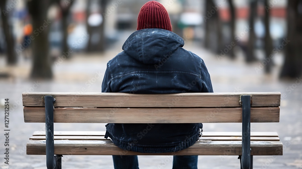 Poster lonely figure sitting on a park bench with warm sweater and beanie in urban park : generative ai